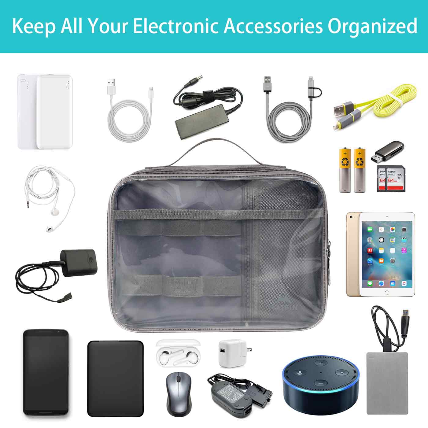 Matein Clear Electronics Organizer, Travel Cable Organizer Bag with Handle Double Layer Cord Organizer Case Medium Gadget Organizer for Cable