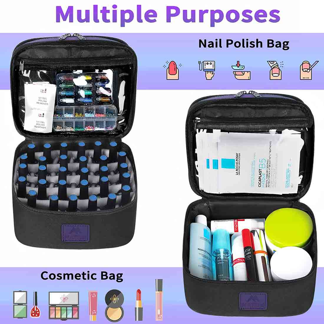 Lieonvis Nail Polish Organizer Case,Portable Double-Layer Nail Polish Organizer with Compartments,Travel Nail Polish Carrying Case for Manicure Tools