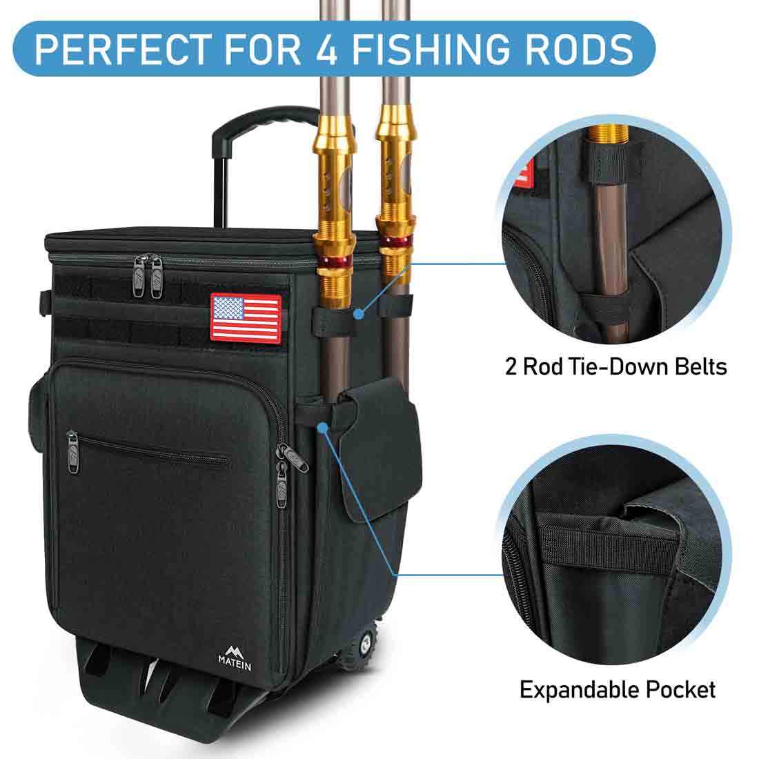 DAWN UPON Large Rolling Fishing Backpack - Compatible with 3700 Tackle  Boxes - Fishing Rod Holders, Adjustable Straps, Wheeled Base - Perfect for